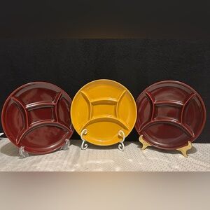 3 Vintage Dexam five sectioned Hors d' Oeuvre 9" plates 2 Cranberry 1 Gold